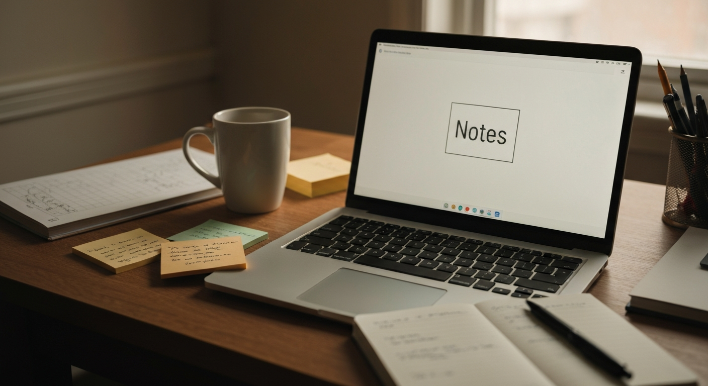 A warm home workspace with an open laptop, coffee mug, sticky notes, and a notebook in soft golden-hour light
