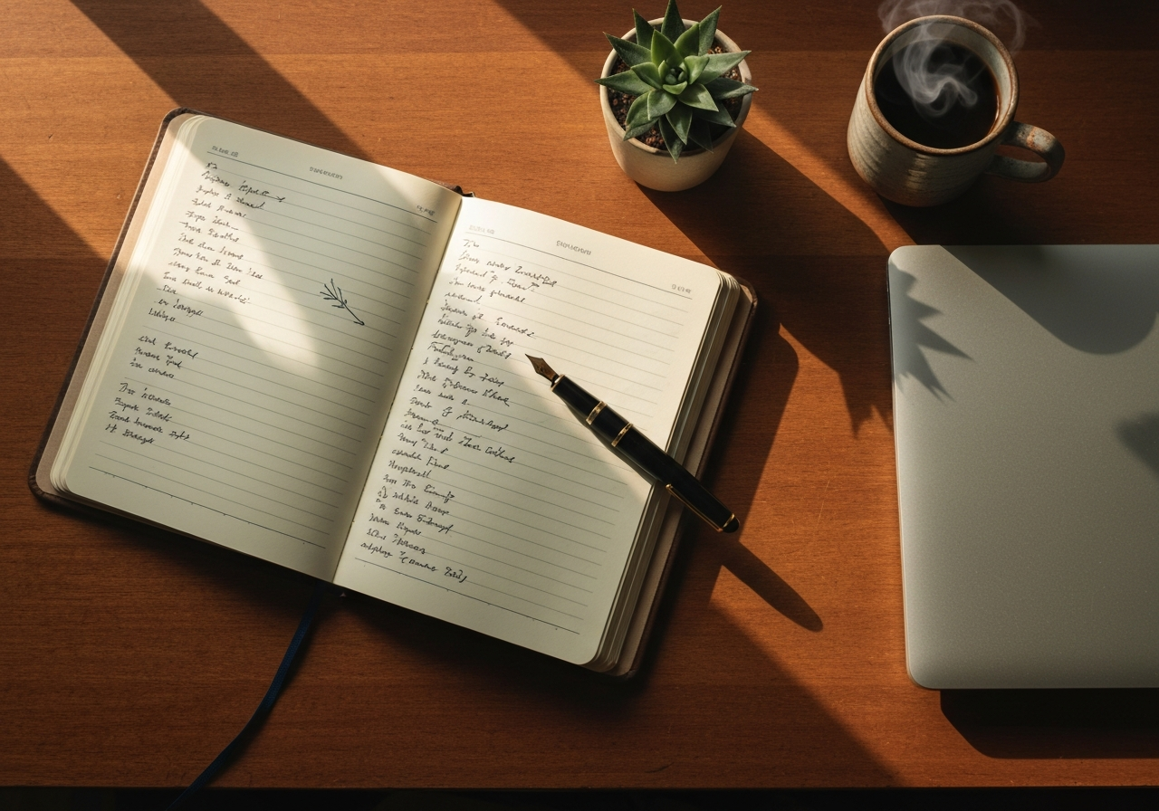 A close-up of an open notebook with handwritten notes, a fountain pen, a steaming coffee mug, and a small succulent on a warm wooden desk